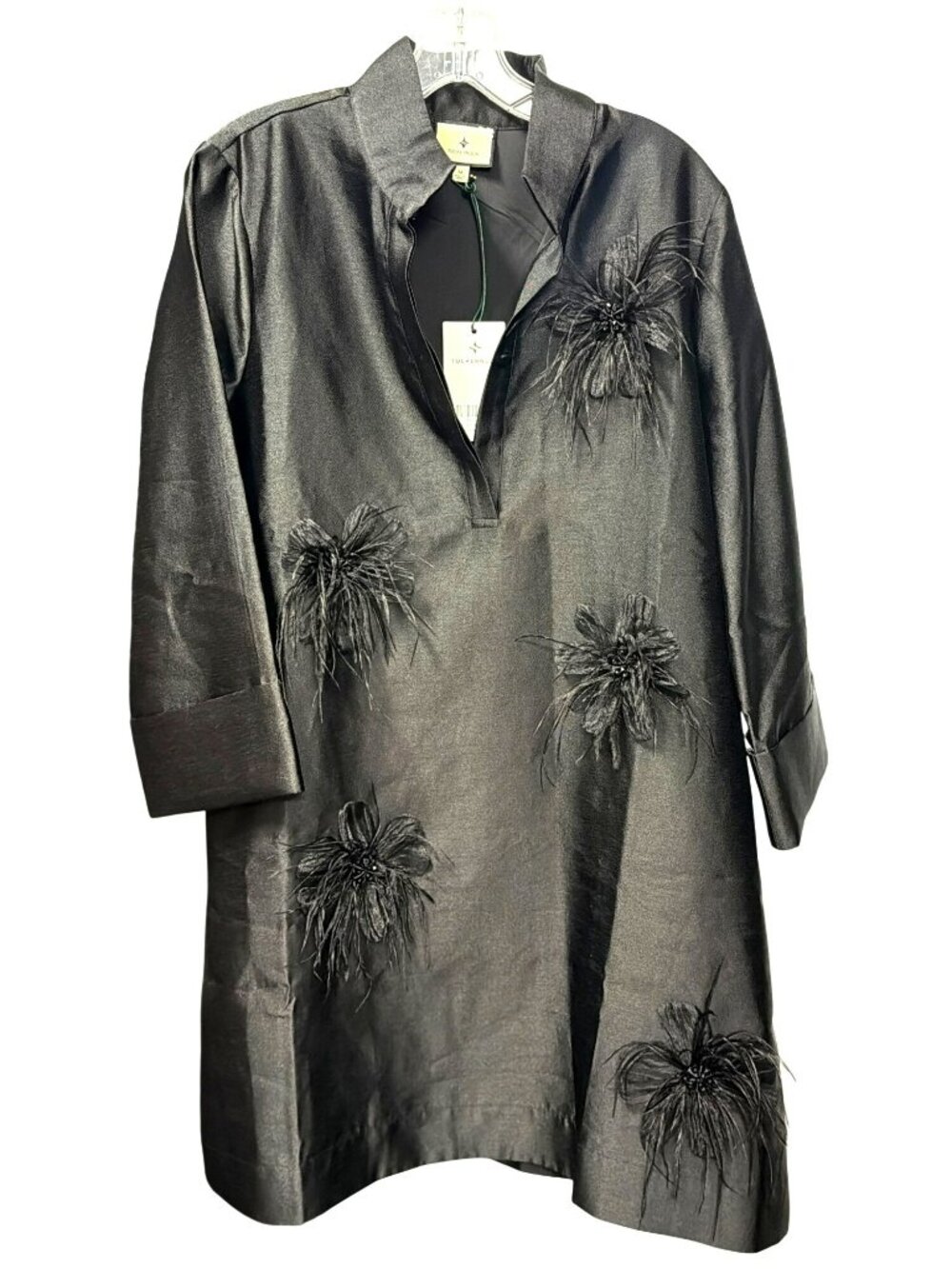 New Tuckernuck Black Feather Embellished Dupioni Megan Dress Medium